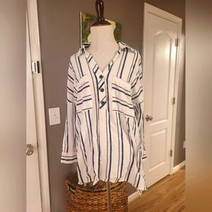 Zara Wool Blend Striped Blouse White Blue Womens Size XS